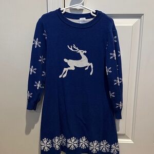 Blue Sweater Dress with Reindeer and Snowflakes